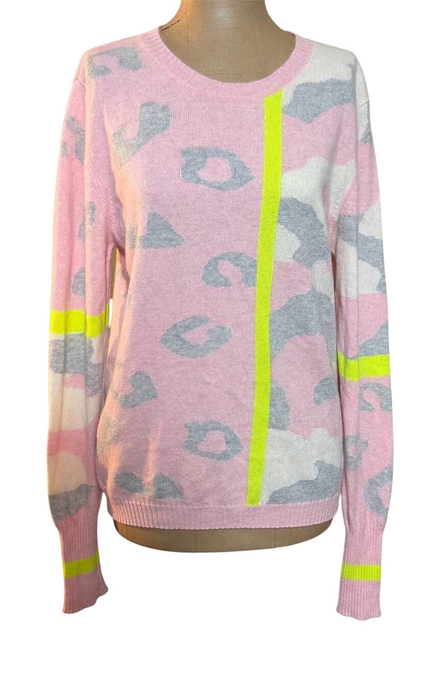 Brodie Cashmere Sweater Pink & Grey Leopard Camouflage 100% Cashmere Medium